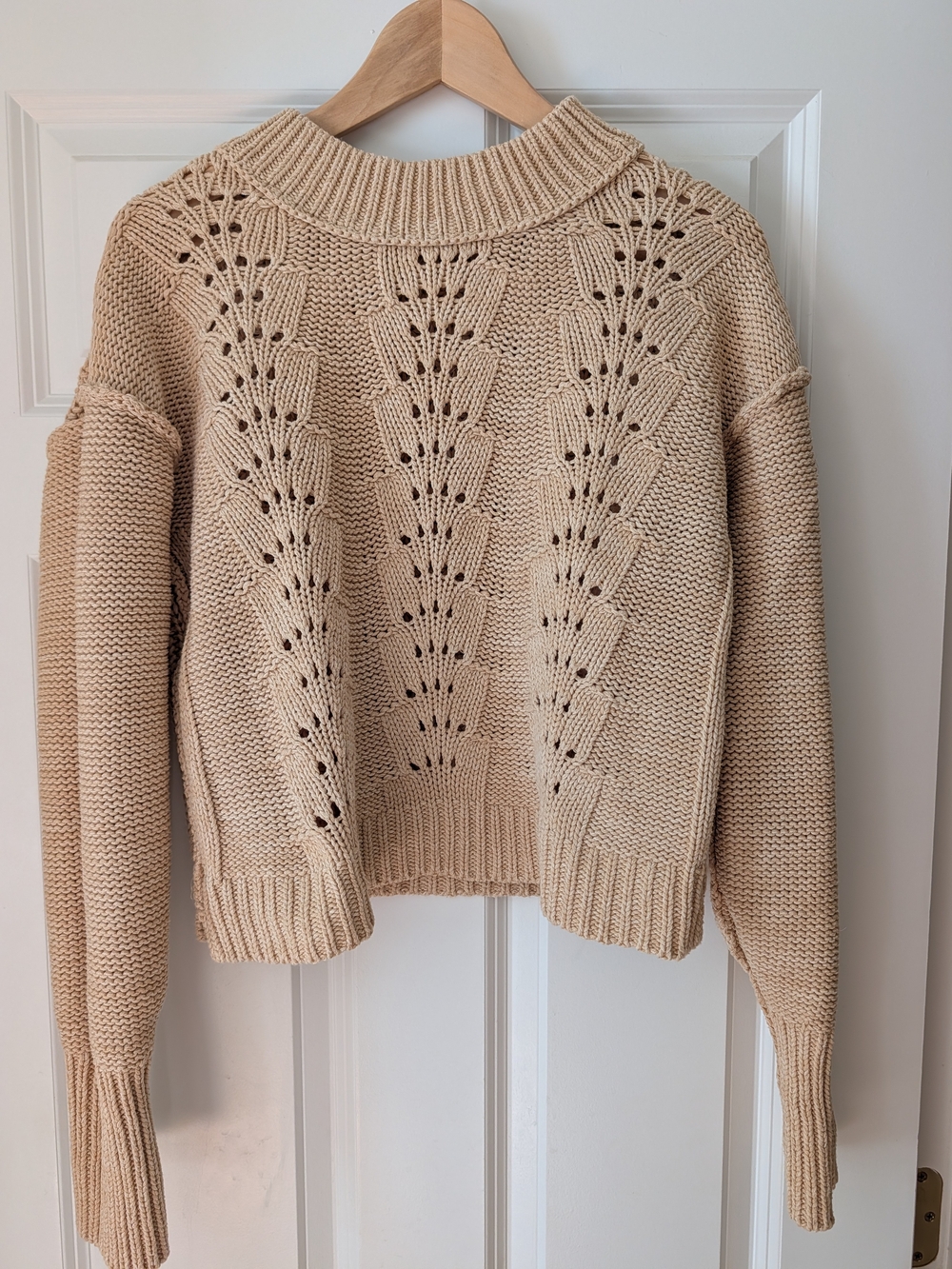 Free People Cream Openwork Knit Cowlneck Sweater